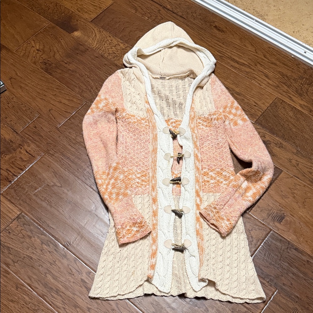 Free People Cream and Orange Hooded Cardigan